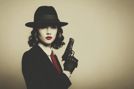 A stylish woman dressed in vintage gangster attire holds a gun confidently. The image captures a classic film noir aesthetic with dramatic lighting and a neutral background. ai generated.の素材