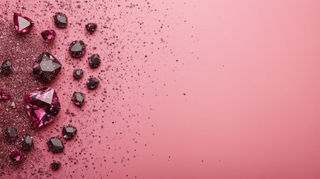 A collection of sparkling gemstones scattered on a soft pink background, creating an elegant and luxurious atmosphere. The rich colors and textures highlight the beauty of luxury life and opulence. ai generated.の素材