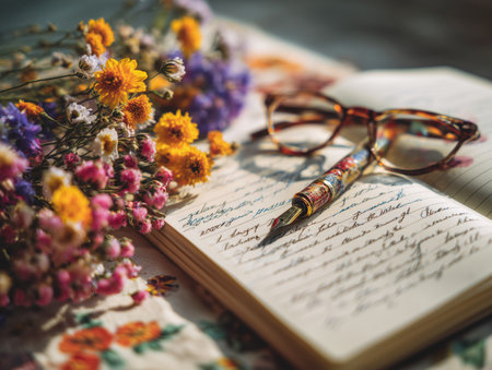 A beautifully arranged open diary with handwritten notes, accompanied by a pair of glasses and colorful flowers. This serene composition evokes a sense of reflection and creativity. ai generated.の素材