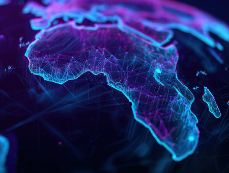 A vibrant digital representation of Africa with glowing lines and nodes, showcasing a futuristic and technological perspective. This image highlights the continent's geographic features in a visually striking manner. ai generated.の素材
