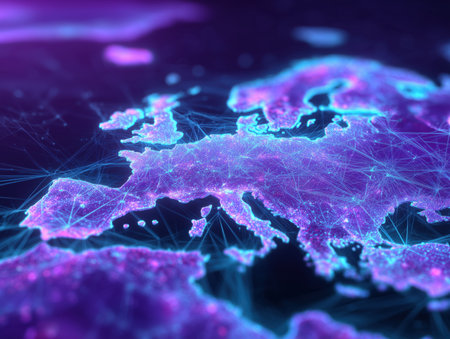 This image features an abstract representation of Europe, highlighted with glowing connections and vibrant colors. It symbolizes technology, connectivity, and data flow across the continent. ai generated.の素材