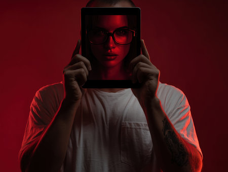 A person holding a digital tablet in front of their face, symbolizing self awareness and introspection. The dramatic lighting creates a striking contrast that emphasizes the theme of reflection and identity. ai generated.の素材