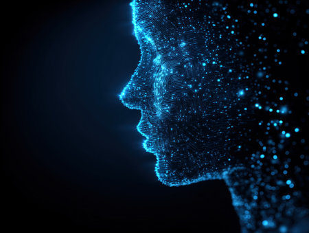 This image illustrates the concept of digital identity through a profile silhouette composed of glowing particles. The blue tones and abstract design evoke themes of technology and virtual representation. ai generated.の素材