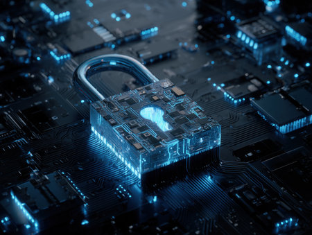 A digital padlock sits prominently on a circuit board, symbolizing the importance of cyber security in the modern digital age. The glowing blue elements highlight the technological aspect of data protection. ai generated.の素材