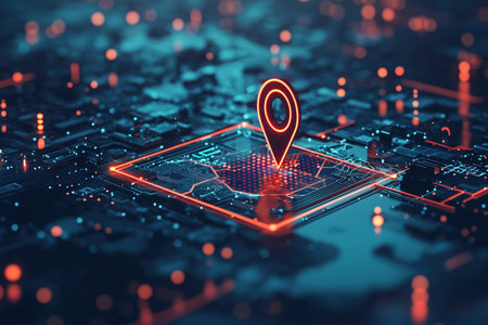 A digital representation of a map pin overlaid on a circuit board, symbolizing cyber security and location tracking. The vibrant colors and intricate details highlight the connection between technology and data protection. ai generated.の素材