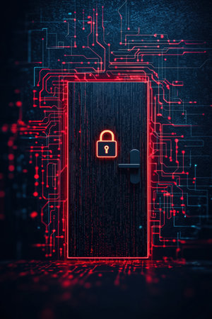 A conceptual image of a door featuring a lock symbol, surrounded by intricate circuit patterns. This artwork represents themes of cyber security and digital protection. ai generated.の素材