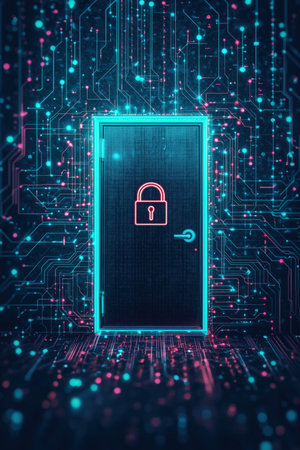 A digital representation of a door with a lock symbol, set against a backdrop of glowing circuit patterns. This image symbolizes the concept of cyber security and data protection. ai generated.の素材