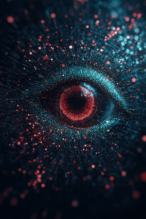This image features an abstract representation of an eye surrounded by glowing digital particles, symbolizing the concept of cyber security and surveillance. The vibrant colors and intricate details create a captivating visual that emphasizes the importance of digital protection. ai generated.の素材