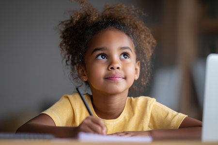 A young girl with curly hair is sitting at a table, deep in thought while writing in a notebook. The warm lighting creates a cozy atmosphere, perfect for studying or creative activities. ai generated.の素材
