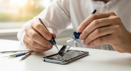 a technician is repairing a smartphone using various tools. the image captures the intricate process of mobile device repair, highlighting precision and attention to detail. ai generated.の素材