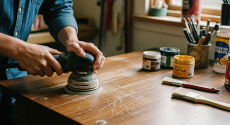 A person operates a power sander on a wooden table in a workshop. Various tools and materials are visible, showcasing a creative workspace. ai generated.の素材