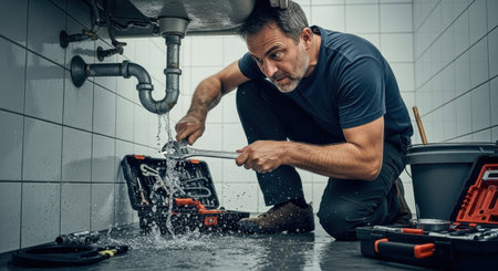 a plumber is working to fix a leak under a kitchen sink, surrounded by tools and water. the scene captures the urgency and skill involved in plumbing repairs. ai generated.の素材