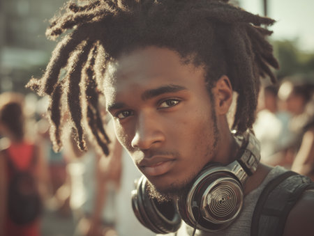 A young man with stylish dreadlocks and headphones stands out in a lively crowd. The image captures the essence of urban culture and music appreciation. ai generated.の素材