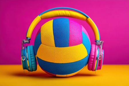 A vibrant and playful image featuring a colorful ball adorned with headphones. The bright colors and bold design create a fun and energetic atmosphere, perfect for themes related to music, sports, or youth culture. ai generated.の素材