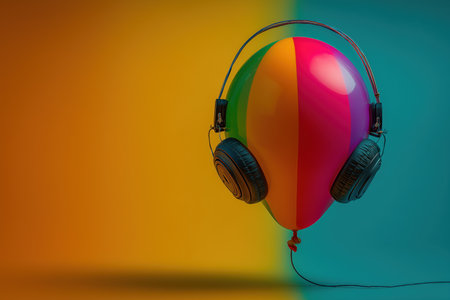 A vibrant and playful image featuring a colorful balloon wearing headphones. The contrasting background adds a fun and energetic feel, making it ideal for music or celebration themes. ai generated.の素材