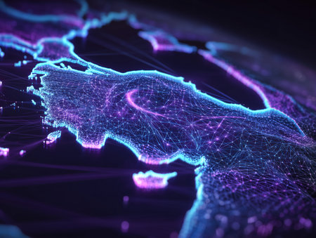 This image features an abstract representation of a digital map illuminated with neon lights. The vibrant colors and intricate details create a futuristic look, ideal for technology and data visualization themes. ai generated.の素材