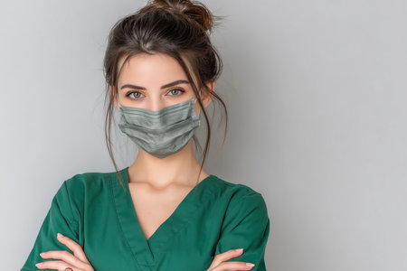 A confident female healthcare worker wearing scrubs and a face mask poses with her arms crossed. The neutral background highlights her professional appearance. ai generated.の素材