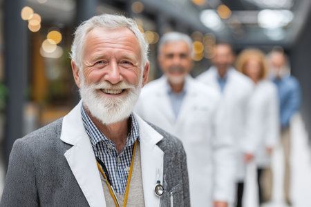 A senior doctor with a beard smiles confidently in a modern medical facility. Behind him, a diverse team of healthcare professionals stands in white coats, showcasing collaboration in the medical field. ai generated.の素材