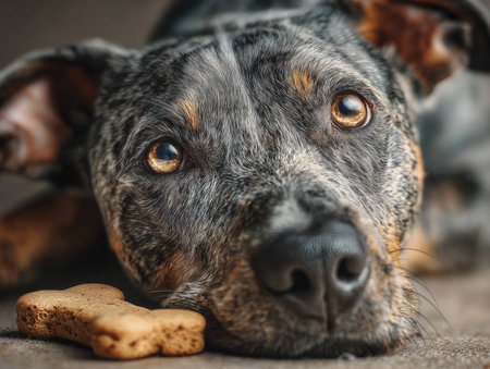A close-up image of a dog resting with a treat nearby. The dog's expressive eyes and unique coat pattern create an engaging and heartwarming scene. ai generated.の素材