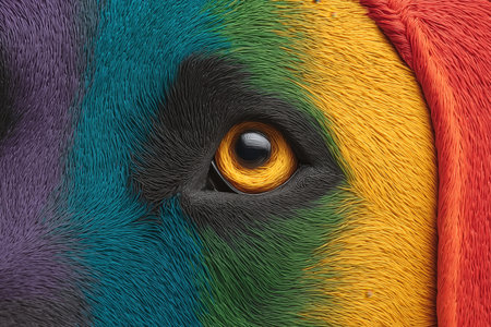 This vibrant close-up captures the eye of a dog with a rainbow-colored fur pattern. The striking colors and detailed texture create a captivating visual experience. ai generated.の素材