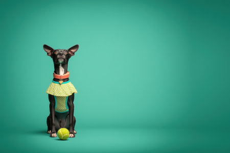 A playful dog dressed in a vibrant outfit sits against a bright background, with a tennis ball in front. This image captures the joy and personality of pets in a fun and engaging way. ai generated.の素材