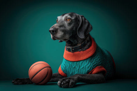 A playful black dog wearing a colorful sweater poses with a basketball. The vibrant background enhances the cheerful atmosphere of the scene. ai generated.の素材