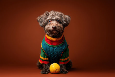 A cute dog wearing a vibrant sweater sits on a brown background, with a yellow ball in front. This charming pet portrait captures the playful spirit of dogs in a cozy setting. ai generated.の素材