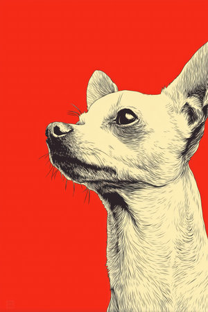 This artistic illustration features a dog with a striking profile against a bold red background. The detailed rendering highlights the dog's features and expression, making it a captivating piece for animal lovers. ai generated.の素材