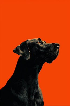 A striking profile of a black dog against a bright orange background. The image captures the elegance and beauty of the dog, making it suitable for various design projects. ai generated.の素材