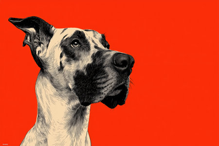 A detailed portrait of a great dane dog against a bold red background. The image captures the elegance and unique features of this breed, making it perfect for pet lovers and animal enthusiasts. ai generated.の素材