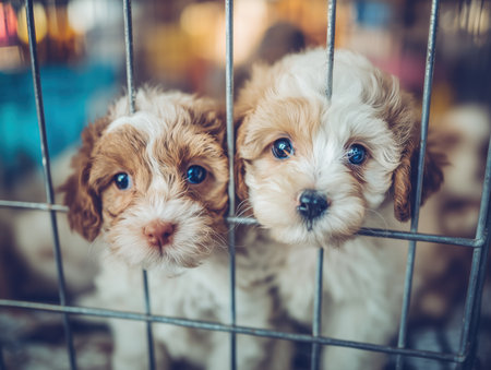 adorable puppies looking out from a cage in a dog shelter. These young dogs are waiting for adoption and a loving home. ai generated.の素材