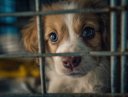A close-up of a puppy looking through the bars of a cage in a dog shelter. The image captures the innocence and longing of the animal, highlighting the need for adoption and care. ai generated.の素材