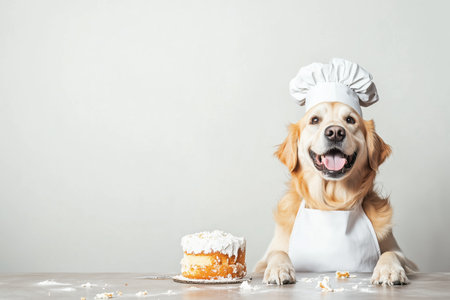 A cheerful dog wearing a chef hat and apron sits at a table with a cake. The playful scene captures the joy of pets in a kitchen setting. ai generated.の素材