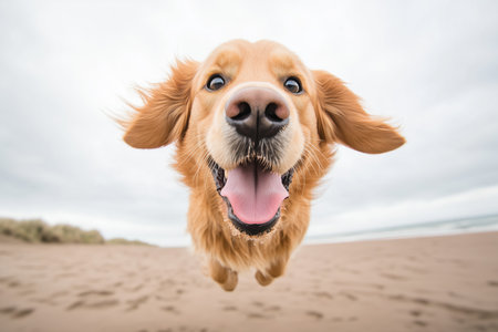 a joyful golden retriever leaps through the air on a sandy beach, showcasing its playful spirit. the dog's fur flutters in the breeze against a cloudy sky. ai generated.の素材