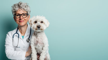 A friendly veterinarian poses with a small dog in a veterinary clinic. The professional showcases a caring attitude towards pets, highlighting the importance of animal health care. ai generated.の素材