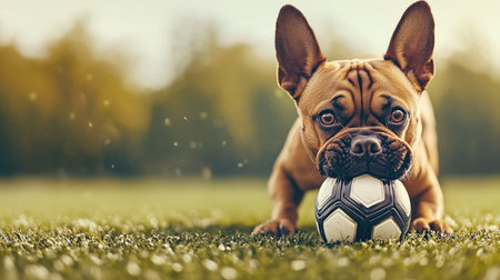 A playful dog enjoying a game with a soccer ball in a sunny park. The scene captures the joy and energy of pets at play. ai generated.の素材