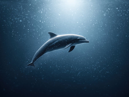 A graceful dolphin glides through the deep blue waters, surrounded by bubbles and light rays. This serene underwater scene captures the beauty and elegance of marine life. ai generated.の素材