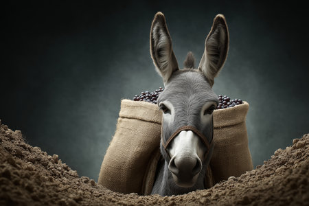A donkey peeks over bags filled with grain in a rustic environment. The image captures the essence of farm life and the hardworking nature of animals. ai generated.の素材
