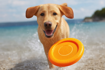A joyful dog runs through the water with an orange frisbee in its mouth. This playful scene captures the essence of fun and companionship between pets and their owners. ai generated.の素材