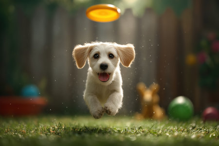 A playful dog leaps into the air to catch a frisbee in a vibrant park setting. The scene captures the joy and energy of dogs playing outdoors. ai generated.の素材