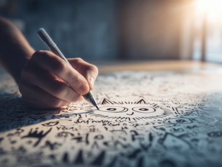 A close-up of a hand drawing whimsical doodles on a piece of paper. The warm light in the background adds a creative and inspiring atmosphere to the scene. ai generated.の素材
