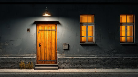 a charming wooden door with warm light emanating from the windows, set against a dark wall. the inviting entrance creates a cozy atmosphere in the evening. ai generated.の素材