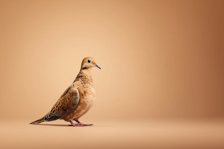 A solitary brown bird stands gracefully against a soft, neutral backdrop. The image captures the delicate features and textures of the bird, making it ideal for nature and wildlife themes. ai generated.の素材