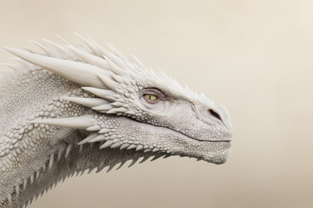 A detailed profile view of a majestic white dragon with intricate scales and sharp features. The dragon's expression is calm yet powerful, set against a neutral background. ai generated.の素材