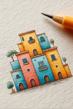 This vibrant illustration features a cluster of colorful houses, showcasing a blend of architectural styles. A pencil rests beside the artwork, highlighting the artistic process involved in creating this charming scene. ai generated.の素材
