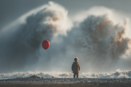 A child stands on the beach, gazing at the powerful waves while holding a red balloon. The scene captures a moment of wonder and imagination, evoking feelings of dreaming and adventure. ai generated.の素材