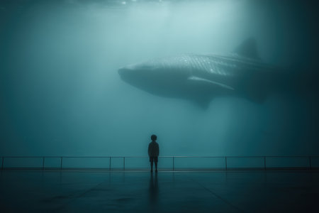 A person stands in awe before a massive shark swimming gracefully in an aquarium. The serene blue tones create a dreamlike atmosphere, inviting viewers to explore the wonders of the ocean. ai generated.の素材