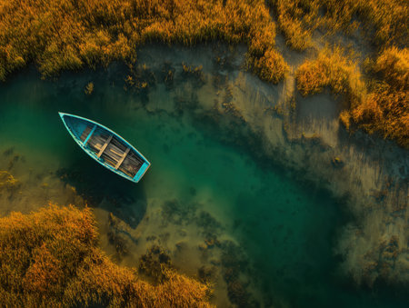 an aerial perspective showcases a small boat navigating through a tranquil waterway surrounded by golden grasses. The vibrant colors of nature create a peaceful and picturesque scene. ai generated.の素材