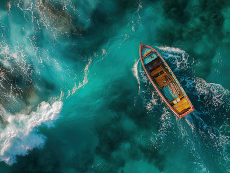 this aerial image captures a small boat navigating through vibrant turquoise waters. The contrast between the boat and the water creates a stunning visual effect, perfect for travel and adventure themes. ai generated.の素材