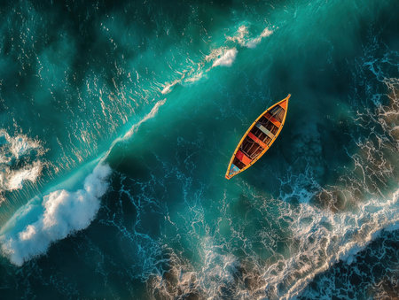 an aerial perspective captures a vibrant boat navigating through turquoise ocean waves. The contrast between the boat and the water creates a striking visual. ai generated.の素材